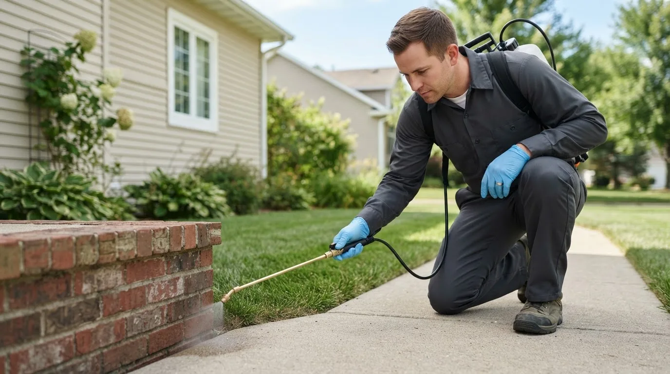 Pest control technician treating a home near Emmons, MN