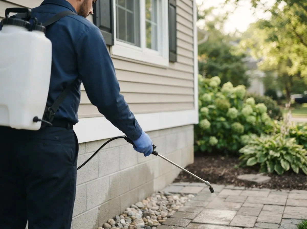 Pest control technician inspecting a home in Emmons, MN